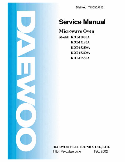 Daewoo KOT-150S0A, KOT-151S0A, KOT-152U0A, KOT-152C0A, KOT-155S0A Service Manual Microwave Oven (Feb. 2002) - Part 1/3 - pag. 72